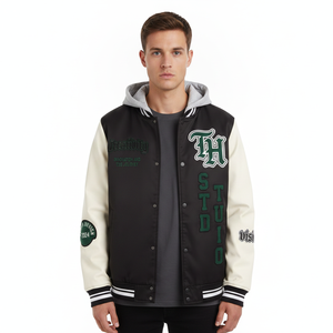 Chaqueta Varsity Negra para Hombre con Mangas Crema, Logotipo Bordado, con Capucha, Estilo Preppy, para Otoño - Product Image 3
