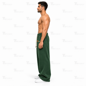 Pantalon de jogging décontracté pour homme en coton et fibre de bambou vert, taille élastique avec cordon de serrage et poches, idéal pour l'automne - Product Image 3