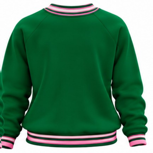 Sudadera Verde de Punto Acanalado para Mujer con Gráfico de Letras 'Sisterhood' y Patrón de Corazones, Cuello Redondo, Manga Larga, Estilo Casual, Personalizable para Damas - Product Image 2