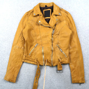 Distressed Yellow Genuine Leather Moto <b>Jacket</b> Women’s Vintage Style Real Sheepskin Biker Coat with Silver Hardware - Product Image 1
