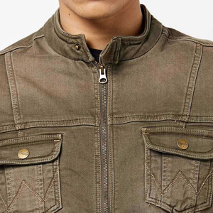 Veste en jean en coton vert olive pour homme, coupe classique, fermeture éclair, style décontracté, couleur unie, poches, détails surpiqués, vêtement d'automne - Product Image 6