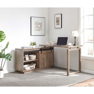 Scrivania a L Reversibile Color Nocciola per Ufficio Domestico con Credenza Scorrevole e Porta a Battente, Postazione di Lavoro con Spazio di Archiviazione Integrato - Product Image 2