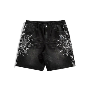 Shorts en jean délavé noir pour homme, coupe oversize et ample, en coton, taille élastique, style streetwear décontracté – Meilleures ventes - Product Image 1