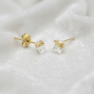 Wire Wrapped Sapphire Baguette <b>Stud</b> <b>Earrings</b> Gold Plated Brass Minimalist Women's Jewelry - Product Image 1