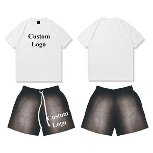 Best Selling Men's Summer Casual Two-Piece Streetwear <b>Set</b> Customized Logo Printing Solid Terry Fabric T-shirt Shorts Breathable - Product Image 4