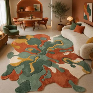 Organic Shape Area Rug Abstract Irregular Modern Tufted Green Terracotta Mustard Cream Contemporary Living Room Bedroom Carpet - Product Image 3