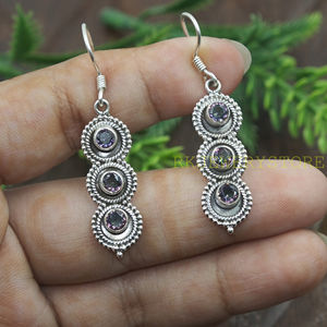 Boucles d'oreilles pendantes triple cercle en argent sterling 925 avec topaze mystique, faites à la main, style bohème, vintage, bijoux pour femme, cadeau pour elle - Product Image 5