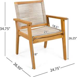 Silla de comedor para exteriores de madera de teca con un acabado natural y una combinación de asiento y respaldo de cuerda para uso en exteriores. - Product Image 1