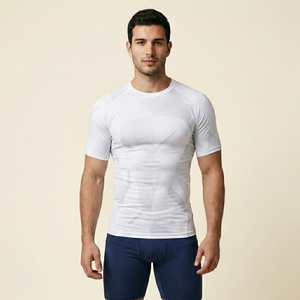 Men's Quick Dry <b>Compression</b> Sport <b>Shirt</b> Half Sleeve Solid Front Logo Sporty Slim Fit O-Neck Workout Top - Product Image 1