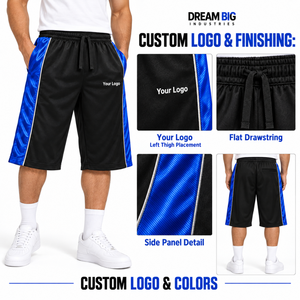 Shorts 3/4 personnalisés pour hommes en polyester noir et bleu, taille élastique avec cordon de serrage, panneaux latéraux et poches avec passepoil argenté, vente en gros de vêtements - Product Image 4
