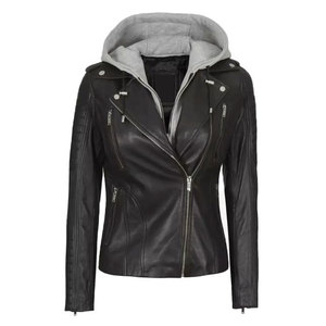 Custom Real Lambskin Leather <b>Jacket</b> for Women with Removable Hoodie Asymmetrical Slim Fit Black Biker <b>Jacket</b> - Product Image 2