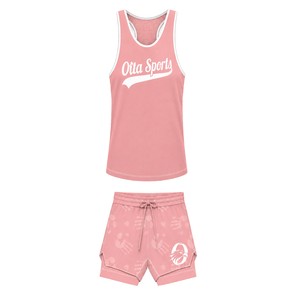 Coral Pink White <b>Swim</b> Set Sleeveless Racerback Tank <b>Top</b> with Matching Shorts Lightweight Quick Dry Training Performance Swimwear - Product Image 1