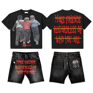 Shorts de sport déchirés effet délavé personnalisés et ensemble complet de survêtements d'été pour hommes, style ample, avec t-shirt imprimé DTG - Product Image 4