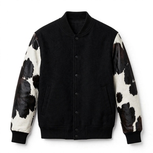 Men's Color Block Varsity <b>Jacket</b> Wool Body Genuine Leather Sleeves Stand Collar Button Winter Coat - Product Image 6