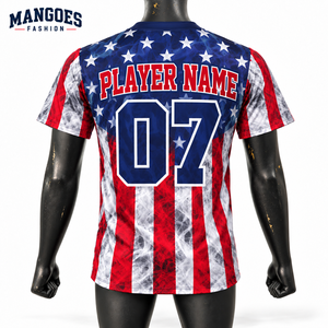 Maillot de baseball unisexe Mangoes Fashion, imprimé drapeau rouge, blanc et bleu, manches courtes, boutons sur le devant, respirant, écologique, sport - Product Image 5