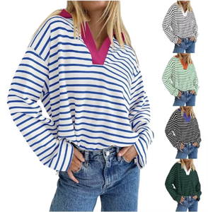 Sweat-shirt décontracté ample à manches longues pour femme, col en V, rayé, respirant, écologique, avec appliqué sur le devant - Product Image 1