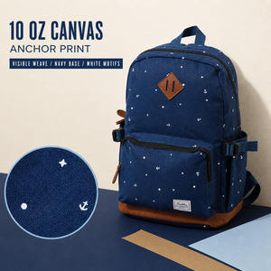 Mochila escolar de lona azul con estampado de ancla vintage, mochila informal de viaje con base de piel sintética y bolsillos - Product Image 3