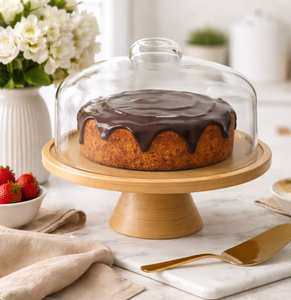 Soporte clásico redondo de madera para tartas con cubierta de vidrio transparente para exhibir tartas de cumpleaños y como centro de mesa. - Product Image 1