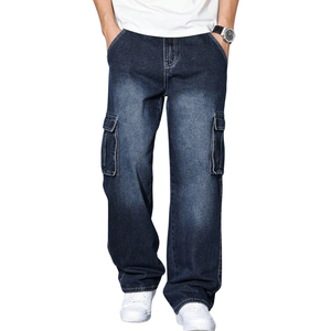 Pantalones Cargo de Mezclilla Azul Oscuro para Hombre, Corte Recto Relajado, Transpirables, con Múltiples Bolsillos, Estilo Casual, Lavado, para Uso Diario - Product Image 1