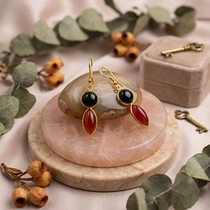 Natural <b>Black</b> Onyx & Carnelian Dangle <b>Earrings</b> Handmade Gold Plated Gemstone Drop <b>Earrings</b> Round Marquise Statement Jewelry - Product Image 1