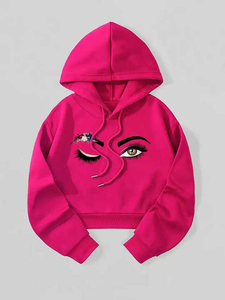 Sudadera con Capucha Rosa con Diseño de Estampado de Ojos, Sudadera con Capucha Tejida Informal Unisex, Corte Regular, Ropa de Otoño - Product Image 1