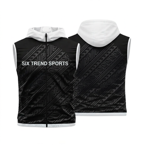 เสื้อกั๊กมีฮู้ดแขนกุดสำหรับผู้ชาย Six Trend Sports สีดำลายชนเผ่า ซิปด้านหน้า แห้งเร็ว ผ้าถัก ทรงปกติ สไตล์สปอร์ต - Product Image 1