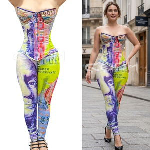 Ensemble 2 pièces personnalisé imprimé motif monnaie OEM, Corset Overbust Streetwear par sublimation et Leggings taille haute – Fabricant - Product Image 6