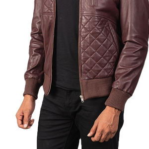 MEN HIGH QUALITY DIAMOND QUILTED MAROON REAL SHEEPSKIN <b>LEATHER</b> BOMBER <b>JACKET</b> WITH RIBBED HEMS AND STAND COLLAR - Product Image 6