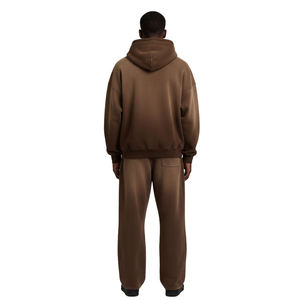 Ensemble survêtement homme délavé marron avec veste à capuche zippée et pantalon de jogging large, en molleton décontracté, deux pièces pour l'hiver - Product Image 6