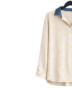 Conjunto de dos piezas para mujer, camisa beige y pantalones anchos azules, conjunto informal de algodón y lino para verano, fabricante de ropa OEM personalizada - Product Image 3