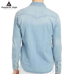 เสื้อเชิ้ตยีนส์ผู้ชายคุณภาพพรีเมียม ทรงหลวม พิมพ์ลาย ผ้าฝ้าย 100% สีตัดกัน วัสดุที่ดีที่สุด เสื้อเชิ้ตผู้ชายขายส่ง - Product Image 3