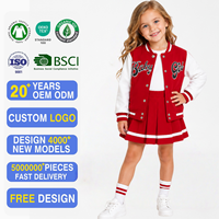 Ensemble 3 pièces pour bébé fille : veste universitaire à manches contrastantes et imprimé lettres, jupe plissée à ourlet rayé uni, en tissu de coton doux