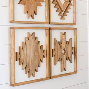 Handcrafted wooden wall art decorative panels set of four <b>rustic</b> geometric design wall <b>decor</b> stylish wood artwork wall sculpture - Product Image 1