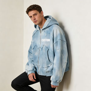 Sweat-shirts à capuche surdimensionnés pour hommes, style streetwear décontracté, bleu clair tie-dye, effet usé et déchiré, fermeture éclair intégrale, impression personnalisée, vente en gros usine - Product Image 2