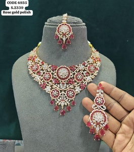 Elegant Rose Gold Finish <b>Floral</b> Cluster Statement Necklace Set Teardrop Tassel Bridal Wedding Jewelry Earrings And Mang Tika Set - Product Image 1