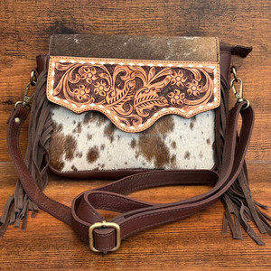 New Arrivals Fashion Women Hand <b>Tooled</b> Cowhide <b>Leather</b> Sling Bag High Quality Genuine <b>Leather</b> Fringe Crossbody Bag for Wholesale - Product Image 3