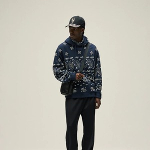 Custom <b>Navy</b> Blue Paisley Print <b>Hoodie</b> Unisex Pullover Sweatshirt Streetwear Adjustable Drawstring Kangaroo Pocket - Product Image 3