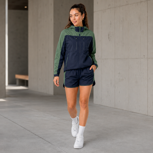 Ensemble veste et short de course pour femme en tissu technique tissé, avec empiècements contrastants, respirant, marque privée, fournisseur en gros - Product Image 4
