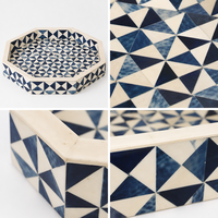 Nampan Sajian Tulang Buatan Tangan Grosir Kustom OEM ODM Biru Putih Inlay Tulang Geometris Segitiga Oktagon DECORYUG