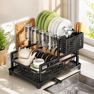 Escurridor de Platos de Dos Niveles con Organizador de Cubiertos y Bandeja de Drenaje para Cocina, Diseño Moderno, Material Plástico - Product Image 1