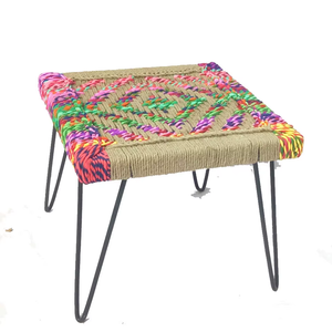 Handwoven <b>Wooden</b> Rope <b>Stool</b> with Iron Legs 20 Inch Handmade Ottoman Boho Footstool Rustic Seating Home Living Room Furniture - Product Image 3