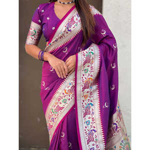 Sari de Seda Paithani Chandrakor Morado de Elite Weaves, Tejido con Hilo Banarasi Zari, 650g, Ropa India y Pakistaní - Product Image 1