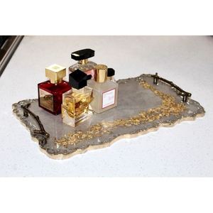 Modern Handmade Resin Serving Tray Gold Metal Handles Dishwasher Safe <b>Mirrored</b> Finish for Breakfast Tea Coffee Snacks Desserts - Product Image 5