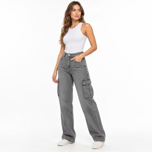 Jeans Cargo Elásticos de Cintura Alta para Mujer - Pantalones de Mezclilla Grises Cómodos, Corte Holgado, Desgastados, Tallas XS-XL - Product Image 3