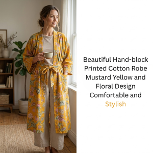 Robe kimono bohème en coton jaune à fleurs pour femme, col en V, manches longues, longueur longue, cordon de serrage, 2 poches, tenue de nuit artisanale - Product Image 4