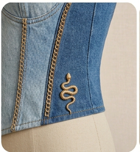 Denim <b>Patchwork</b> Corset <b>Top</b> Spaghetti Strap Button Front Fitted Bodycon Casual Wear All Seasons - Product Image 6
