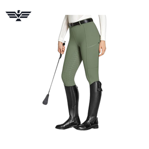 Pantalon d'équitation taille haute pour femme, longueur intégrale, vert olive uni, en Spandex et Polyester, respirant, taille élastique, avec poches - Product Image 5