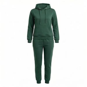 Women's Green Hooded Sweatshirt Set Full Length Fleece Casual Two Piece Outfit Solid Color Regular Fit All Seasons - Product Image 6