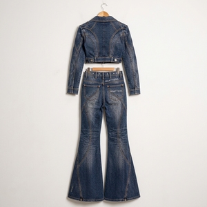 <b>Womens</b> <b>Dark</b> <b>Blue</b> Denim Two Piece Set Cropped Zip Jacket Curved Panel Flared <b>Jeans</b> Custom OEM ODM Wholesale Clothing Manufacturer - Product Image 6