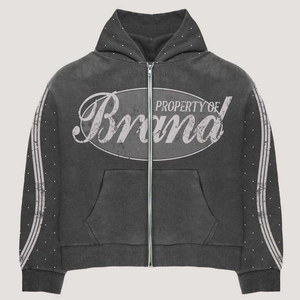 ชุดเซ็ตเสื้อฮู้ดซิปแต่งโลโก้แบบกำหนดเองสำหรับผู้ชาย สไตล์สตรีทแวร์ Y2K วินเทจ ประดับคริสตัล กางเกงขาบาน ผ้าฟลีซหนานุ่ม ชุดสองชิ้น - Product Image 2